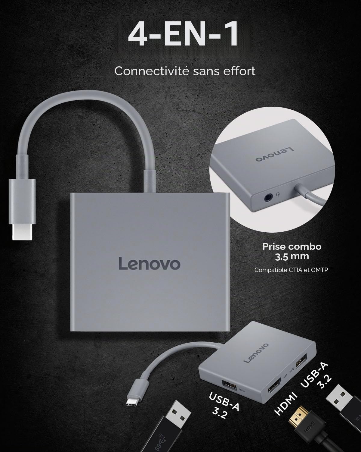 Lenovo Lenovo Hub de Voyage USB-C 4 en 1 avec câble intégré, 1 HDMI 4K @ 60 Hz, 2 Ports USB-A 3.2, 1 Combo de 3,5 mm, Portable, Compact, Haute Vitesse pour Ordinateurs Portables PC - Gris