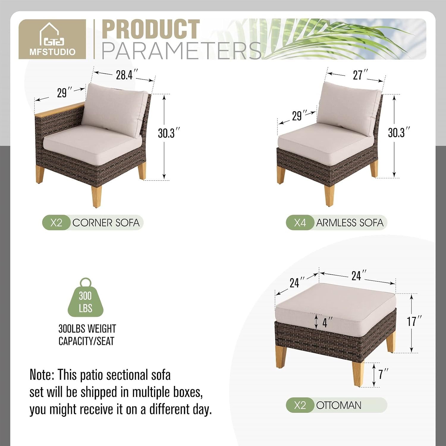 MFSTUDIO 8 Piece Wicker Patio Furniture Set, 4 Armless Sofa, 2 Ottoman, 2-Seat Loveseat, All-Weather Outdoor PE Rattan Patio Conversation Set Sectional Sofa for Garden, Backyard (Beige Cushions)