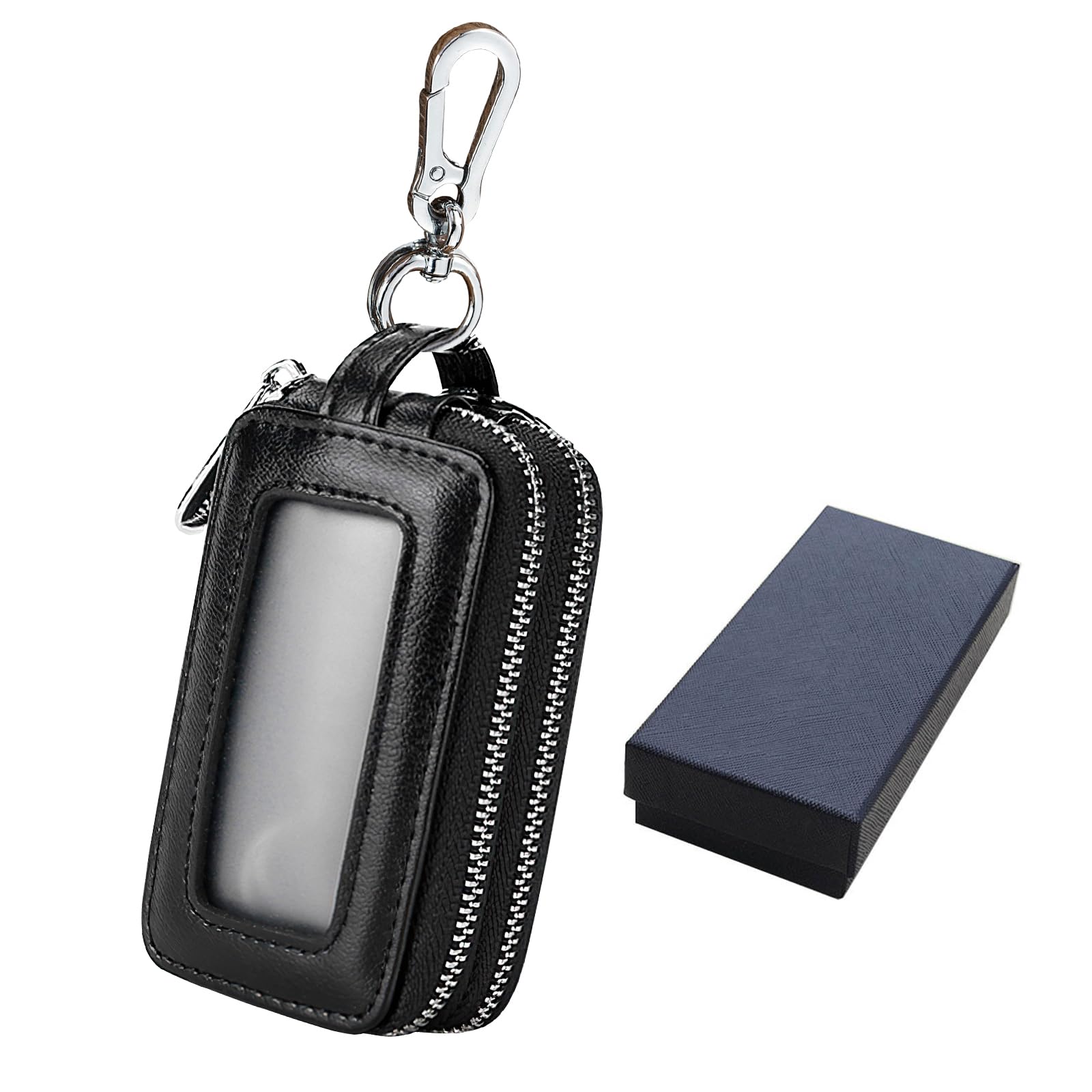 CHEVVY Llavero de Cuero Hombre Llavero de Doble Capa para Coche Bolsa Monedero de Cuero con Bolsillo con Cremallera y Ventana Transparente Monedero para Hombre Mujer Negro
