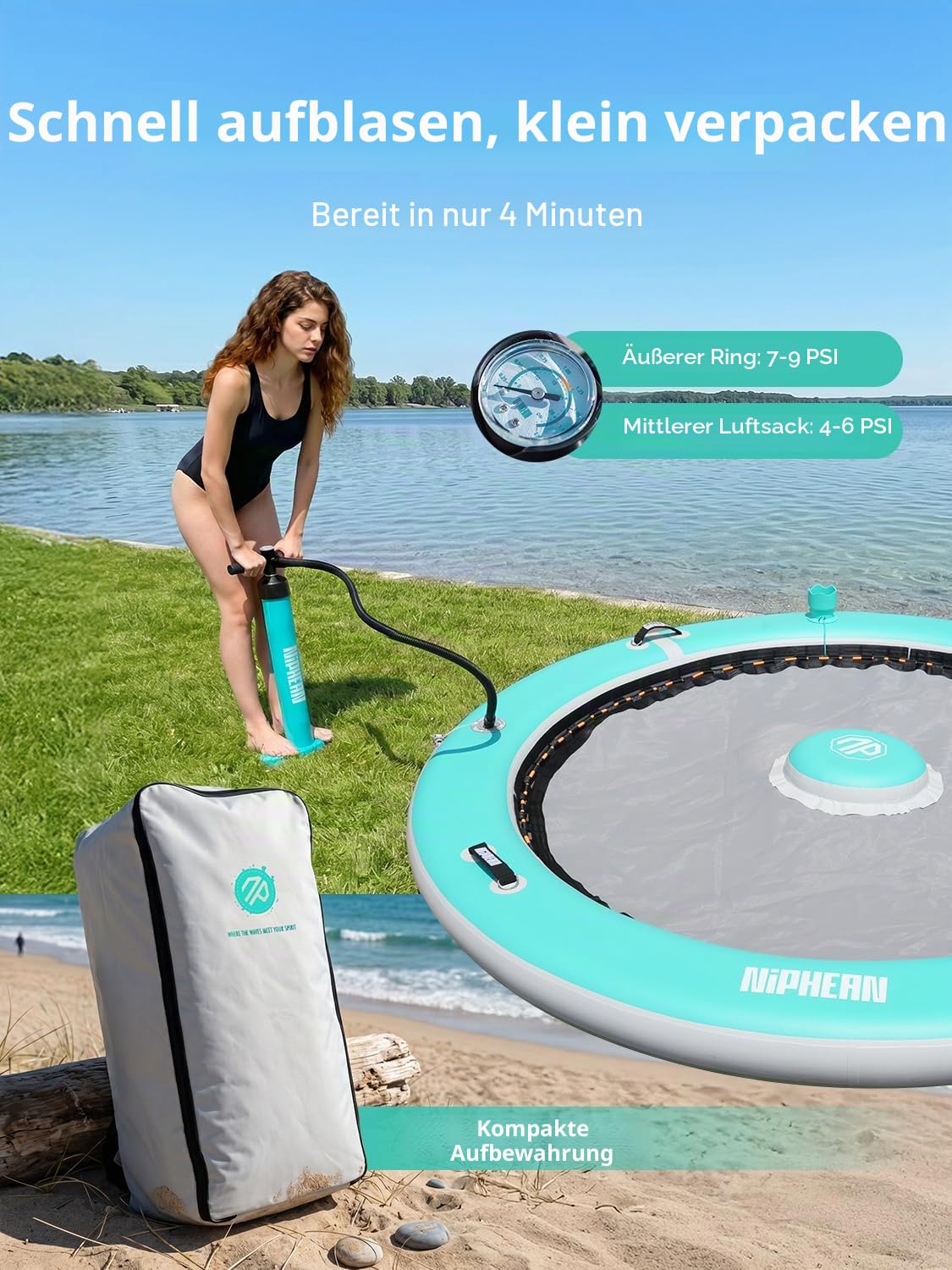 Niphean Aufblasbare Wasserhängematte, 8FT Schwimminsel mit aufblasbarem Unterstützungs-Pod für Erwachsene & Kinder, Schwerbelastbares Rundes Schwimmendes Dock für See, Fluss und Sonnenschwimmbecken