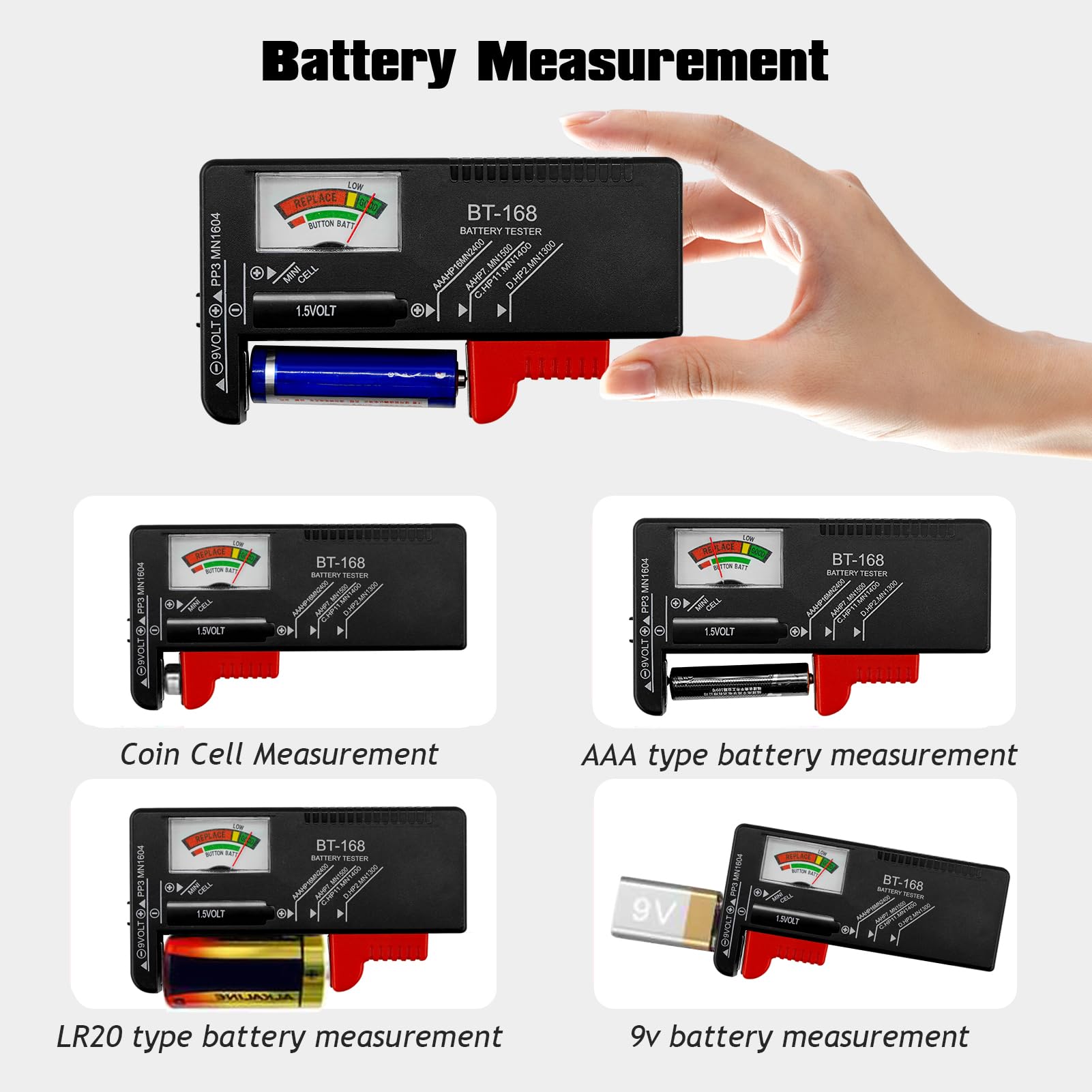 Set di 2 Tester Batteria Universale per Batterie AA AAA C D 9V 1.5V e a Bottone Nero