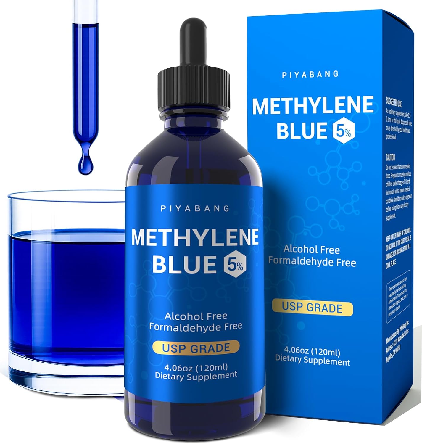Methylene Blue Supplement Pharmaceutical Grade 5% Pure, Brain Health & Antioxidant Support - Formaldehyde-Free, Glass Bottle with Dropper - 120mL