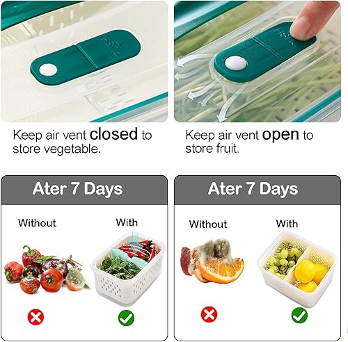 Miniatura 4 de Recipientes de almacenamiento de frutas frescas mejoradas, recipientes grandes de frutas para refrigerador con tapa de ventilación y colador,