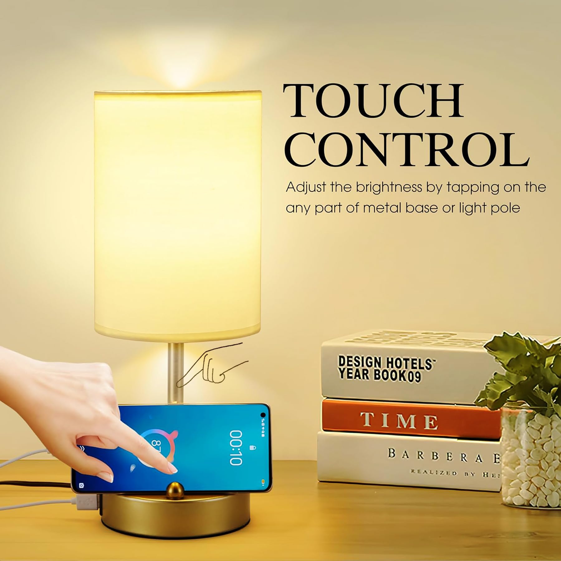 Briever Touch Control Tischlampe für Schlafzimmer, 3 Wege Dimmbare Nachttischlampe mit USB-Ladeanschluss, Nachttischlampe mit goldenem Telefonständer und rundem Leinenstoff für Wohnzimmer
