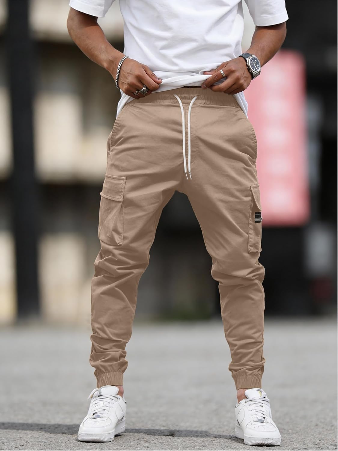 JEMLDL Mens Casual Cargo Joggers Pants—Pure Cotton Chino Pants Drawstring Hiking Outdoor Twill Sweatpants with Zipper Pocket - Image 3