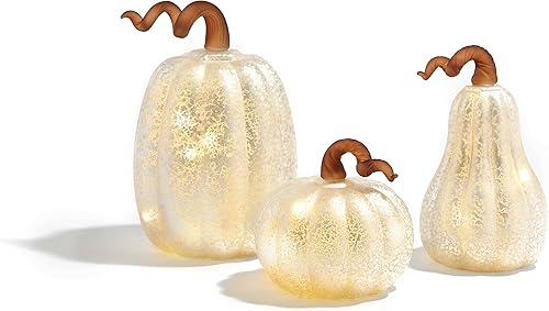 LampLust Calabaza de cristal blanco con luces, juego de 3, estilo de cristal de mercurio, pilas incluidas, decoraciones de cosecha de Acción de