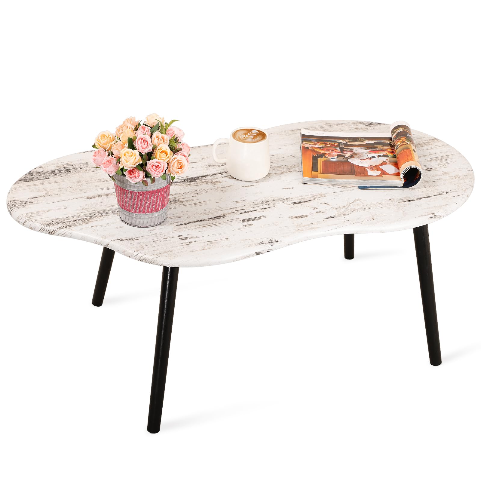 FEUFOAM Farmhouse Coffee Tables Cloud Shape Mid-Century Sofa Table Unique White Wood Grain Tabletop Floor Table Rustic Decorative Sofa Center Table for Living Room Small Space