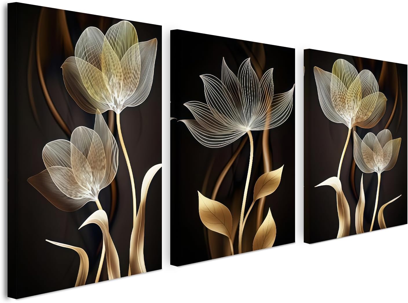3 Piece Wall Art 16 x 20 Inches, Framed Canvas Set, Abstract Golden Floral Wall Decor for Living Room Bedroom Office Hallway, Modern Farmhouse Wall Art Pictures, Ready to Hang with Velcro & Pre-Installed Hooks