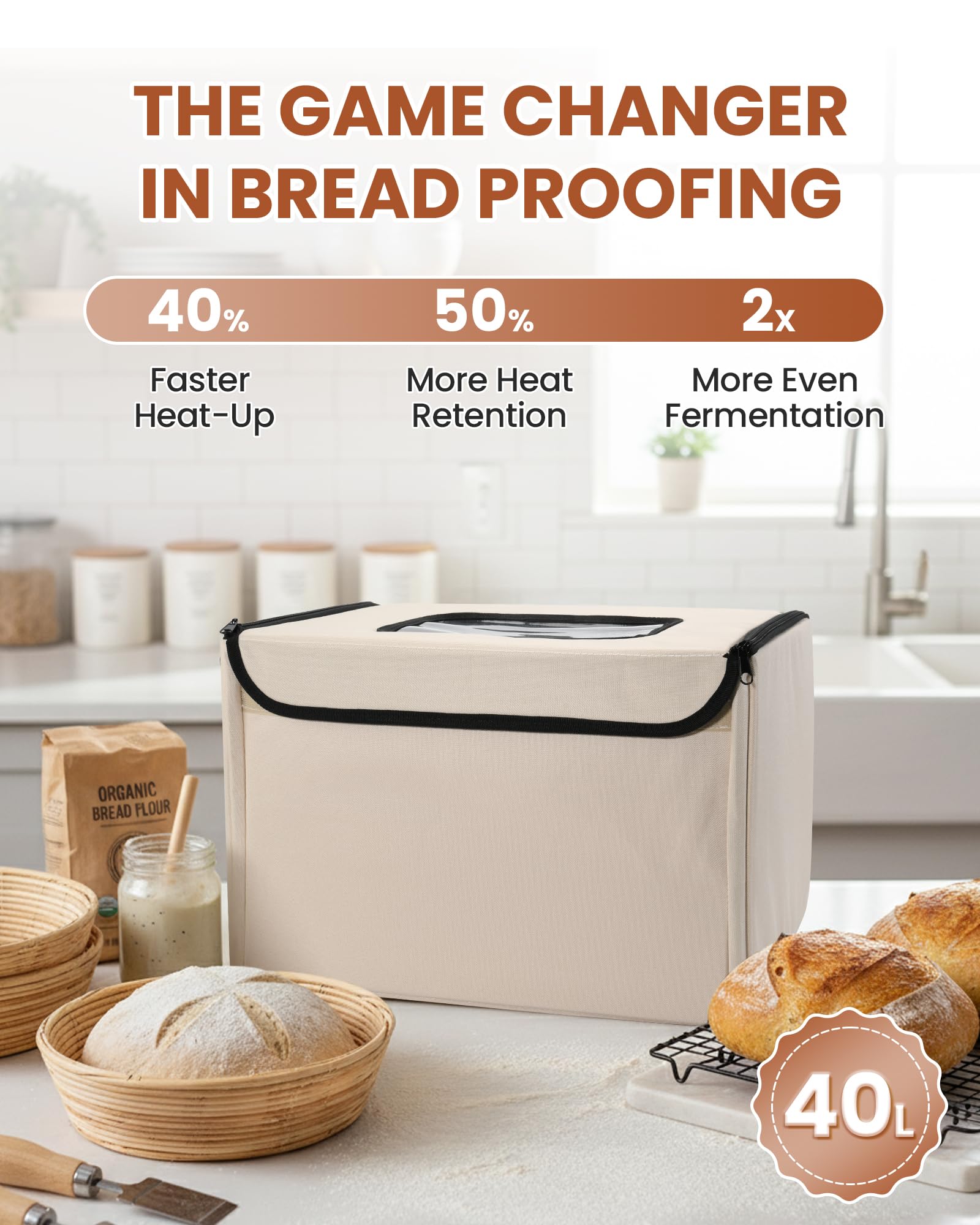 Brot-Proofer & Teiggärbox - Faltbare Sauerteig-Gärbox mit einstellbarer Temperatur (20.0-55.0 °C), 0-99H Timer, Metallgestell & Wasserschale - Ideal für Joghurt, Pizza, Brotbacken