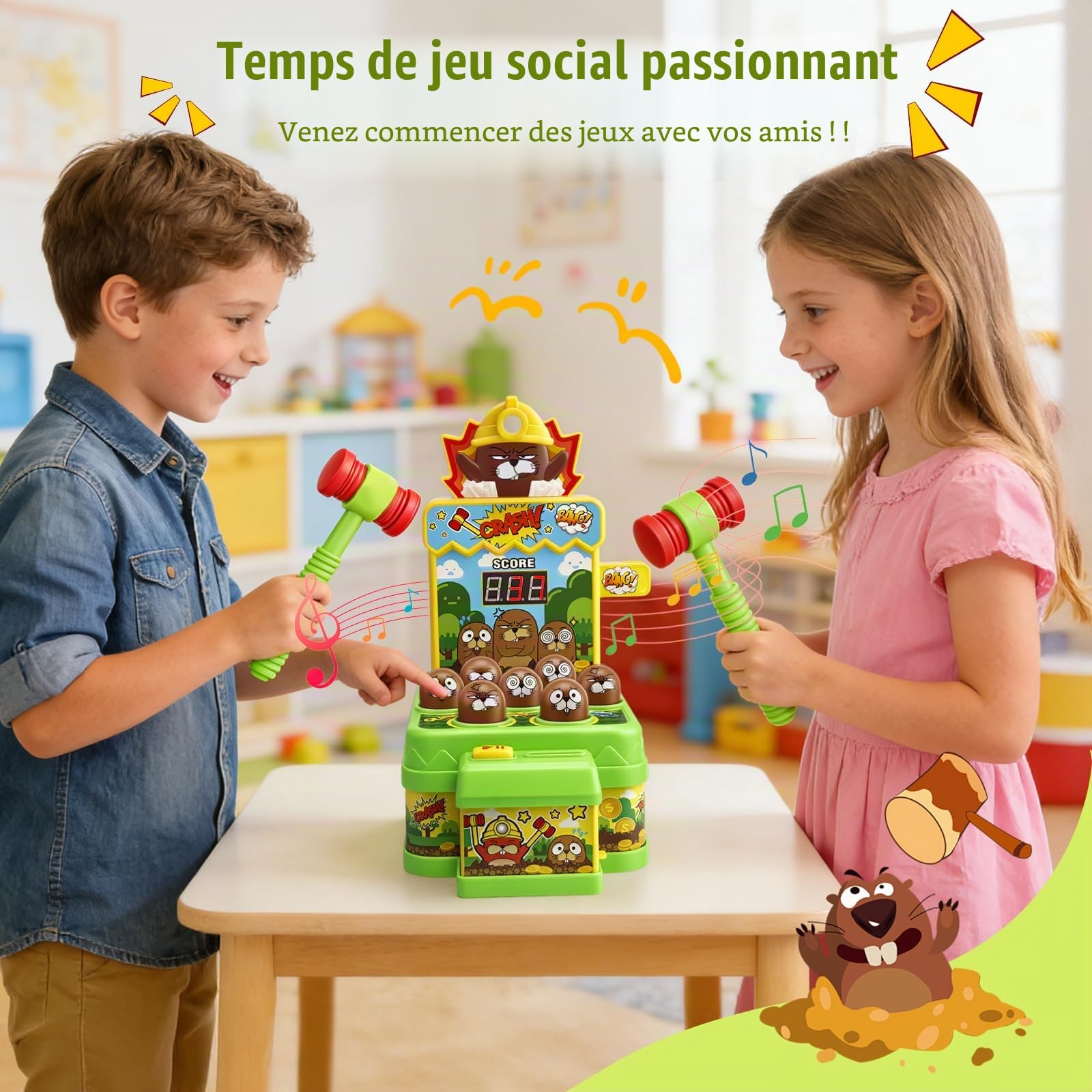 Jeu de Tape-Taupe pour Enfants dès 3 Ans, Jouet Musical Interactif avec 2 Maillets pour Développer la Motricité, Jouet Éducatif avec Effets Lumineux & Sonores, Jeu d'Arcade avec Écran LCD