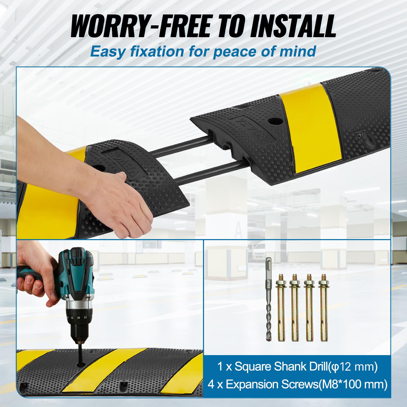 VEVOR Rampe Protection Câble à 2 Canaux Passage de Câble au Sol en Caoutchouc Passe Câble Ralentisseur Charge 10000 kg avec 4 Vis d'Expansion 1 Foret pour Routes Parkings, 183x30x4,5 cm, Noir/Jaune
