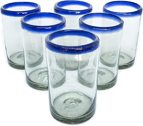 MexHandcraft Cobalt Blue Rim - Vasos de jugo de 9 onzas (juego de 6), vidrio reciclado, sin plomo, sin toxinas (jugo de 9 onzas)