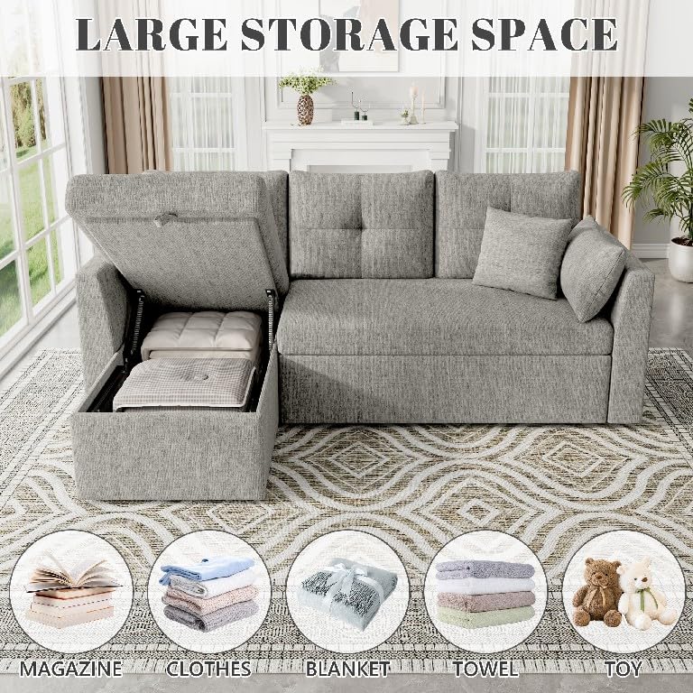 Image of Huatean Home Sleeper Sofa Couch, 2 in 1 Sectional Sleeper Couch Bed with Side Pocket, Pullout Sofa Bed with Storage Chaise for Living Room, Light Grey