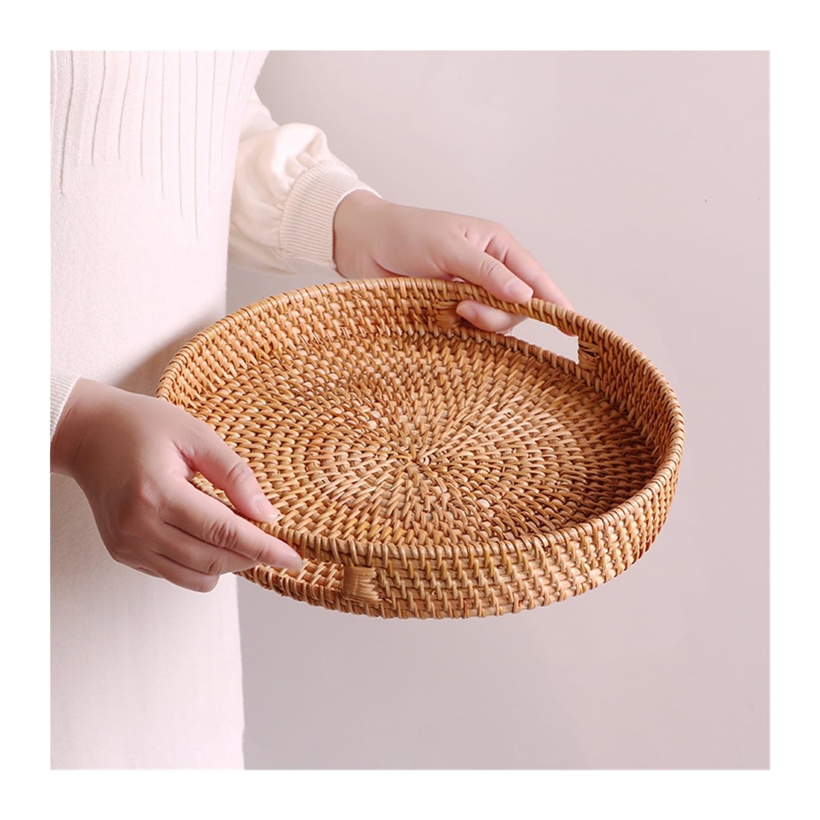 11.81" Handmade Rattan Bread Baskets Round Rattan Serving Tray with Handles Wicker Fruit Serving Storage Bowls Home Decor Organizer for Breakfast, Tea, Snack, Coffee