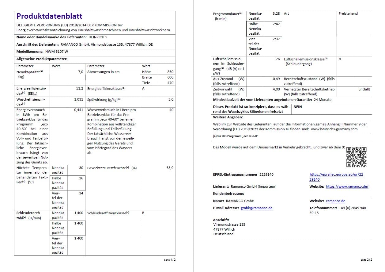 Heinrich Waschmaschine 7kg 1400 U/min Aqua-Stop LED-Display Inverter Motor Energieeffizienzklasse A weiß
