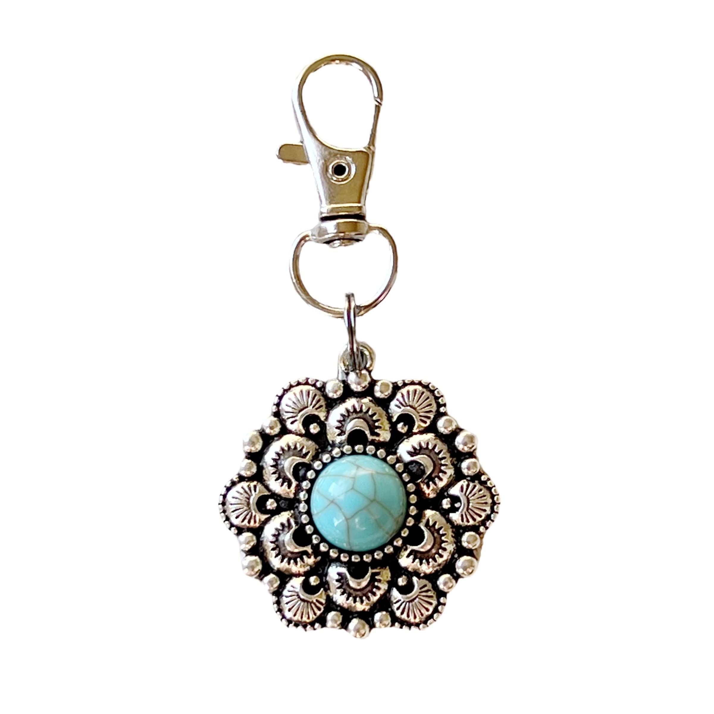 Silver Boho Western Medallion Turquoise Zipper Pull for Backpacks, Purse Charms, Handbag Jewelry, Camera Bag Charms and Key Chain Charm