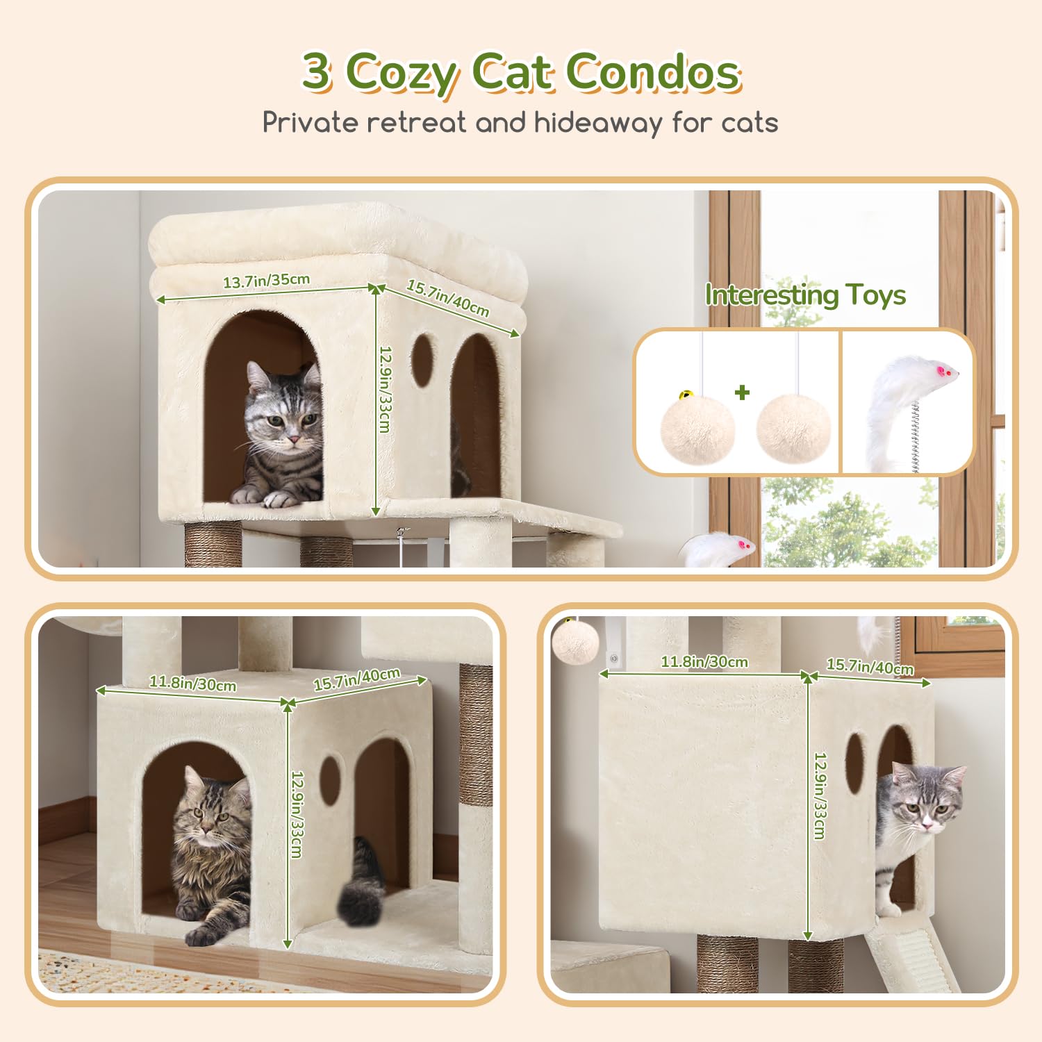 Globlazer Árbol Rascador Beige para 2-4 Gatos con 3 Grandi Nidos 40 * 33 * 35cm, Plataformas, Tabla Rascar Sisal, Cesta, Juguetes, Estable Torre Rascador Alto 133 cm para Gatos Grandes (F52B, Beige)