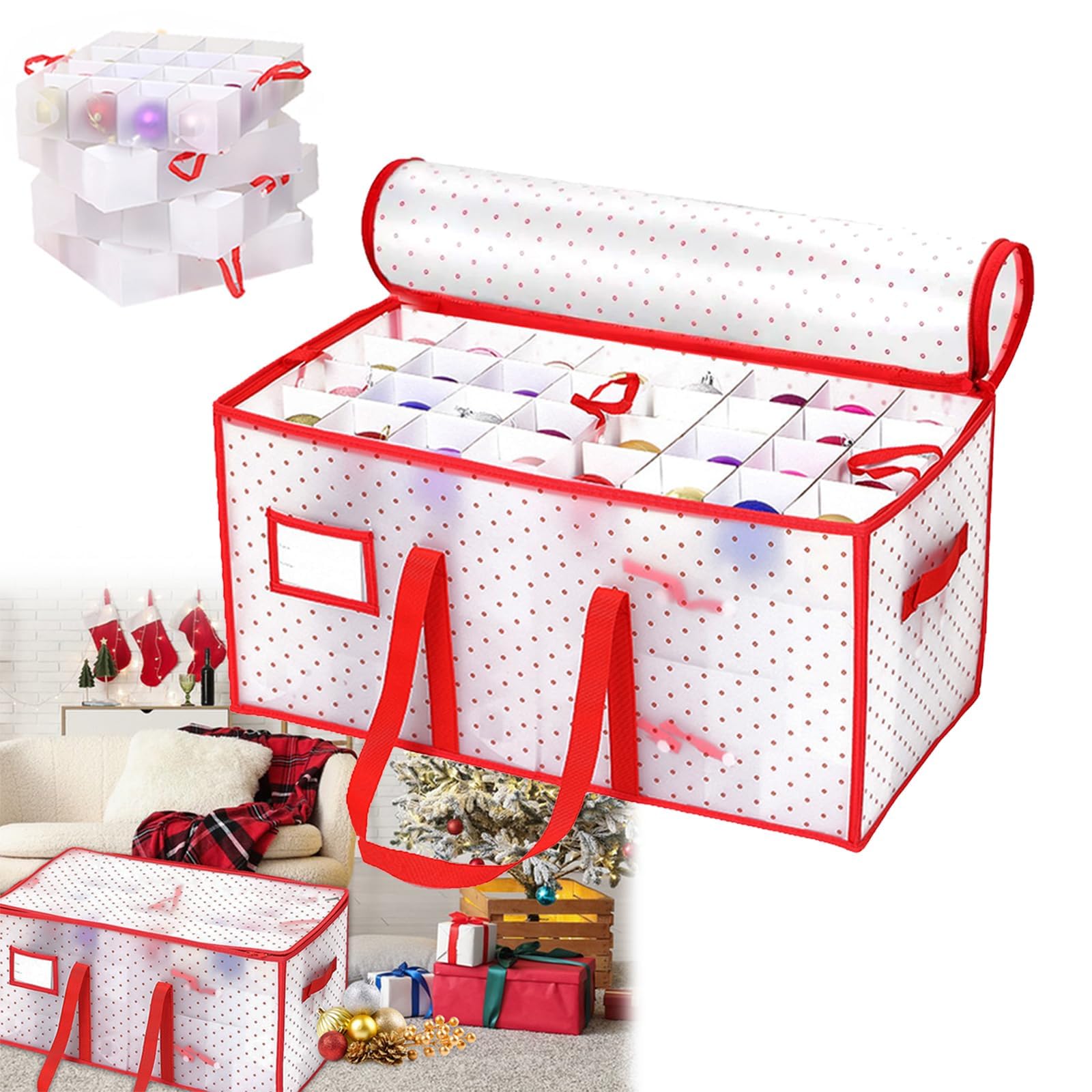 Porta Palline di Natale, Contenitore Scatola Portaoggetti con Divisori Regolabili Capacità 128 Decorazioni Ideale per Palline e Addobbi Natalizi