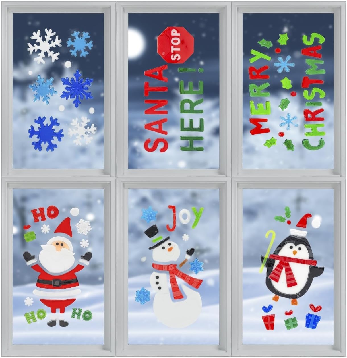 Srv Hub 6Pk Gel Windows Stickers Christmas Window Gel Stickers Decorations, Christmas Window Clings Reusable Xmas Window Decals (6Pk Gel Windows Stickers)