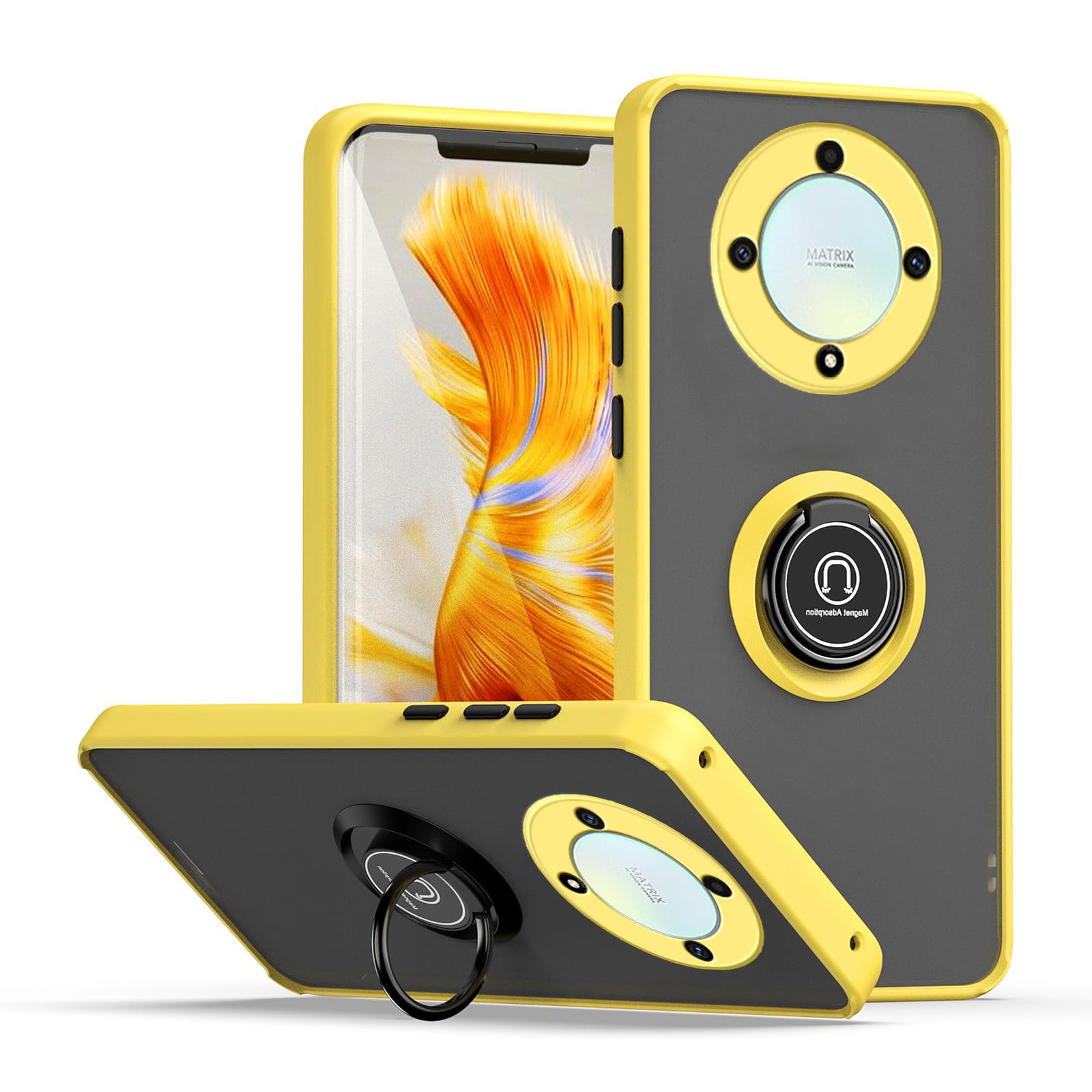 HAOYE Cover per Huawei Honor Magic5 Pro (Magic 5 Pro) con Girevole Anello, Traslucido Custodia con Supporto Magnetico Auto, Silicone TPU e PC Doppio Strato Protettiva Bumper. Nero