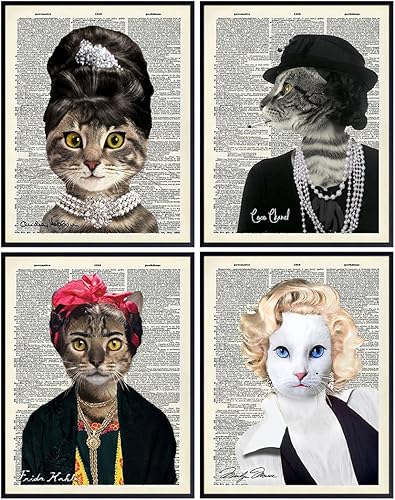 Cat Wall Decor, Cat Wall Art Set - 8x10 Cat Poster, Print, Picture Set of 4- Cat Lover Gift for Men, Women, Kids - Veterinarian Gift, Office Decor -