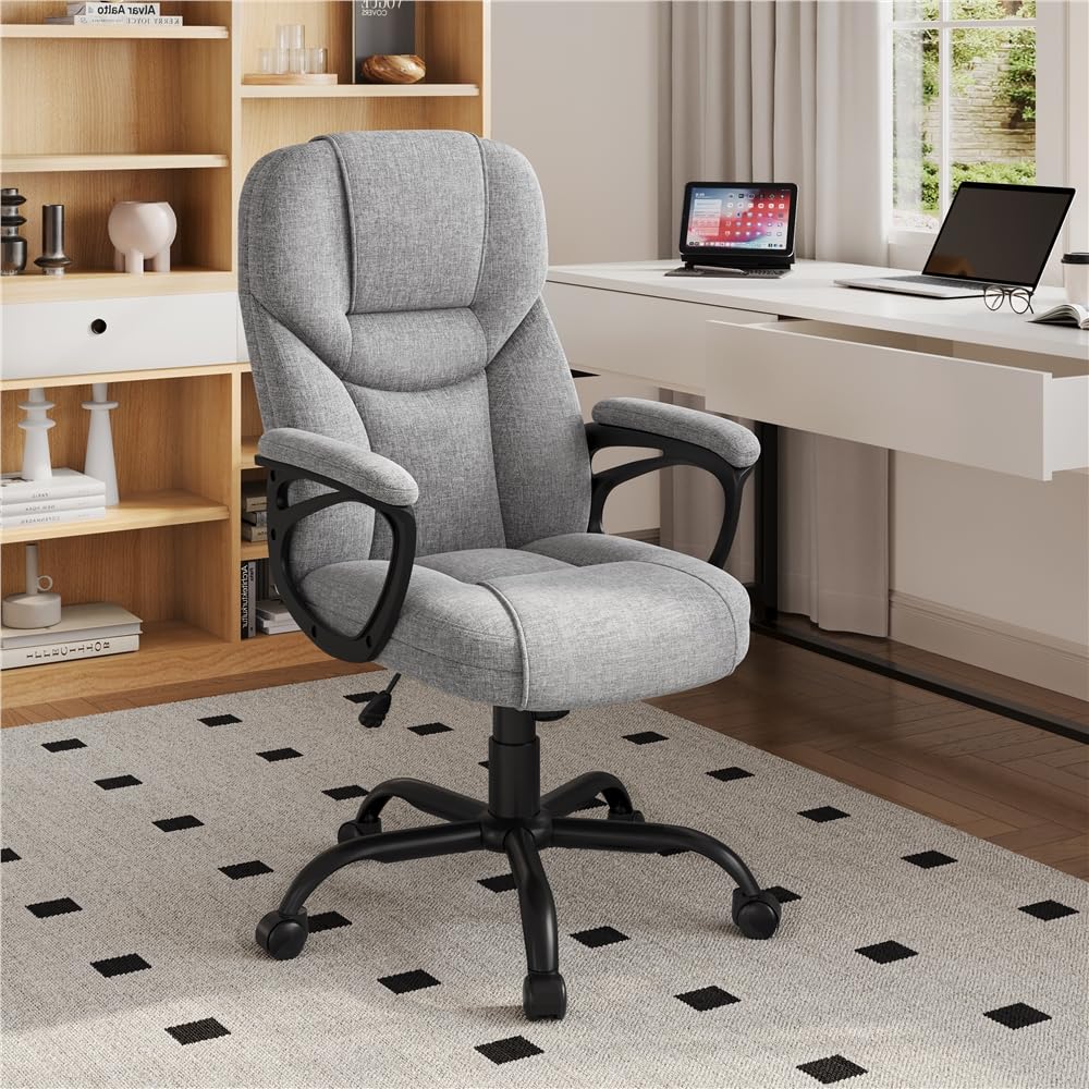 Yaheetech Silla de Oficina de Tela con Respaldo Alto Ergonómico Altura Ajustable Silla de Escritorio Ejecutiva Silla Giratoria Reclinable Sillón Gris
