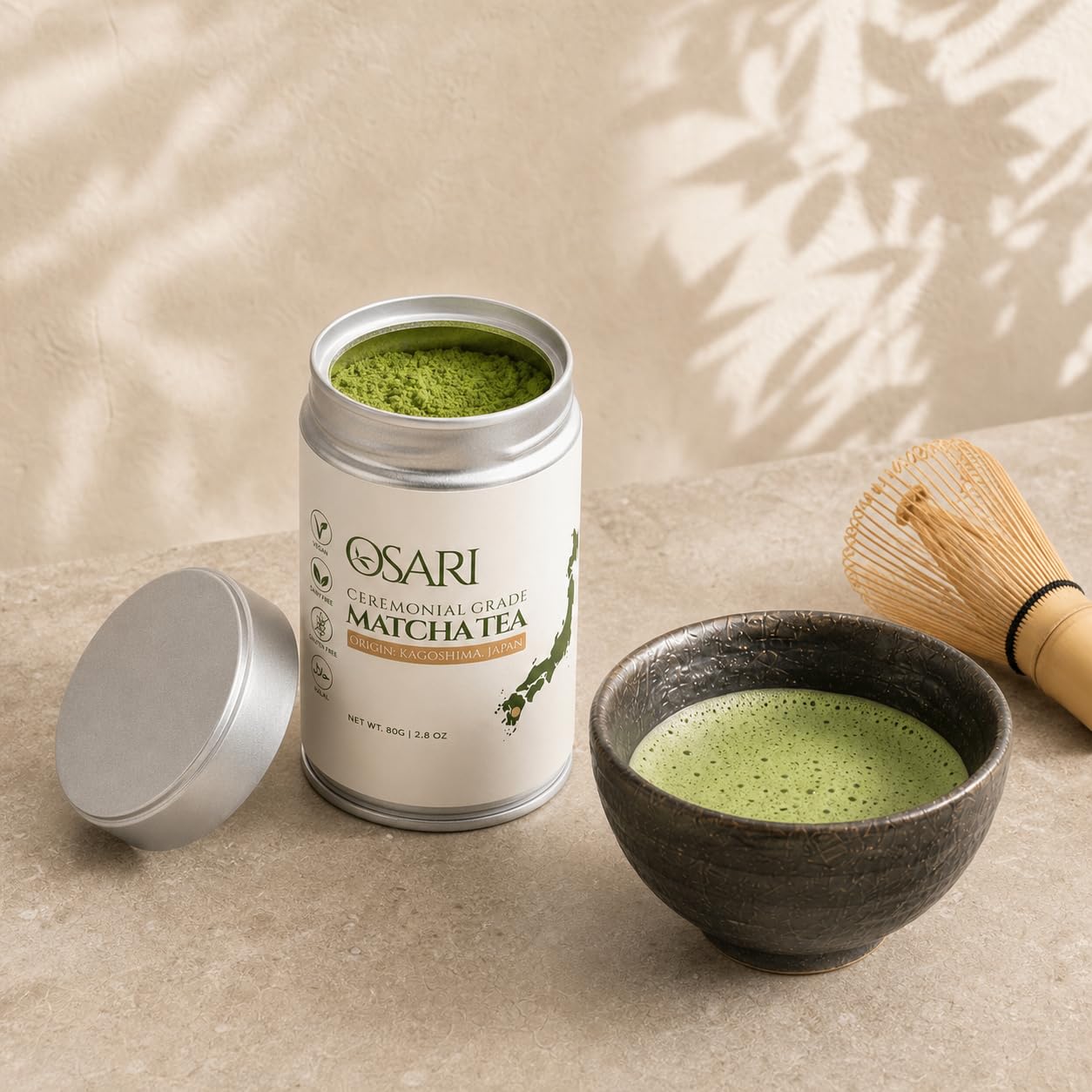 OSARI Matcha Ceremonial 80 g – Primera Cosecha de Kagoshima, Japón – Matcha Japonés 100% Puro – Molido a la Piedra y Analizado en Laboratorio – Umami Suave