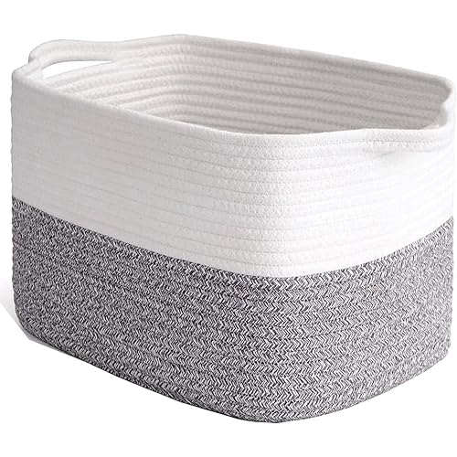 Cotton Rope Woven Basket 15“X10 X9” Gift Baskets empty, Large Storage Basket with Handles for Organizing, Storage Bins for Bedroom, Living room, Nursery, Grey/White