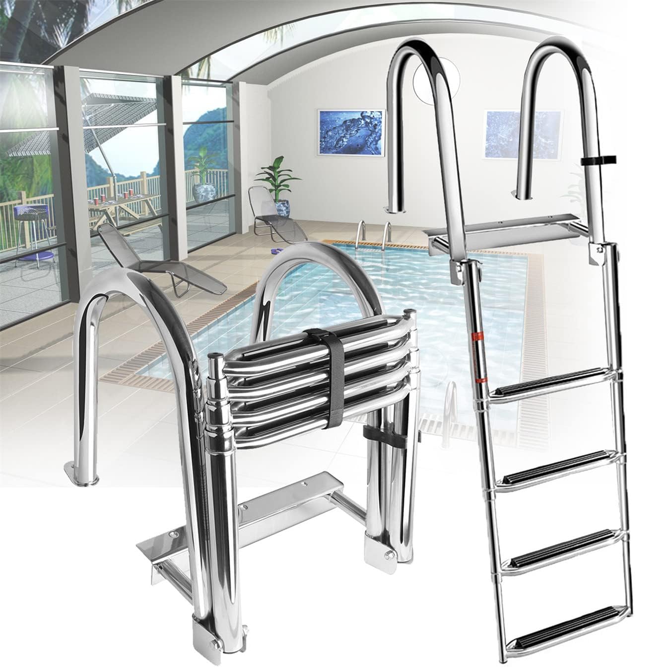 Scala di varo per Yacht, Scala per Barche a pontone a 4 gradini telescopica portante 400 libbre, scaletta Pieghevole per Barche a 4 sezioni, per Piscina per Yacht per Barche