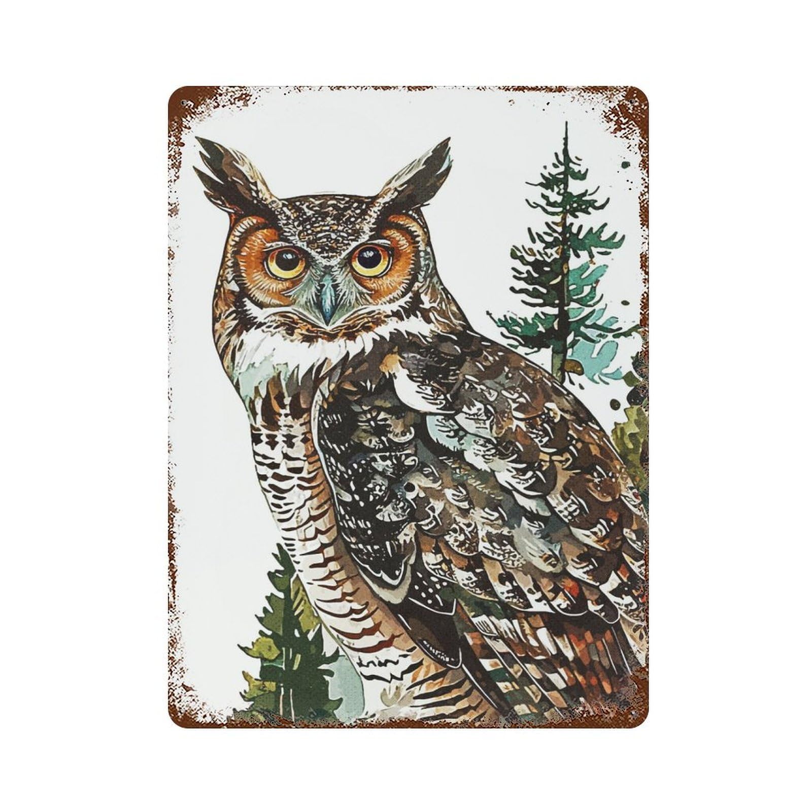 Owl Forest 15.7"x11.8" Rust Effect Tin Sign, Rustic Home Decor for Office, Studio And Wall Decor