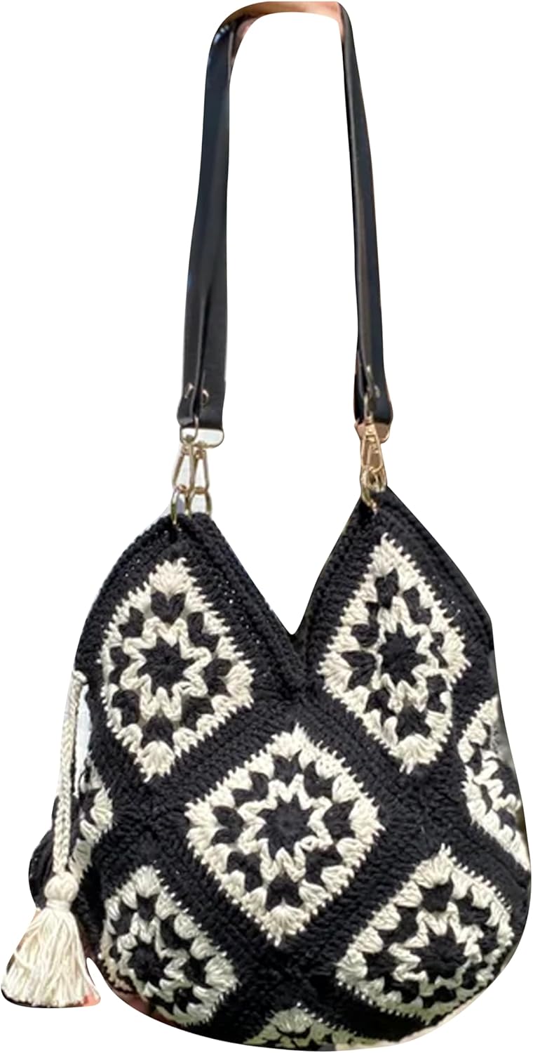 Black and White Diamond Pattern, Black And White Bag, Granny Square Crochet Bag, Crochet tote Large Bag, Festival Bag for Women, Vintage Style Bag Gift For Women, Bag For Office Women,