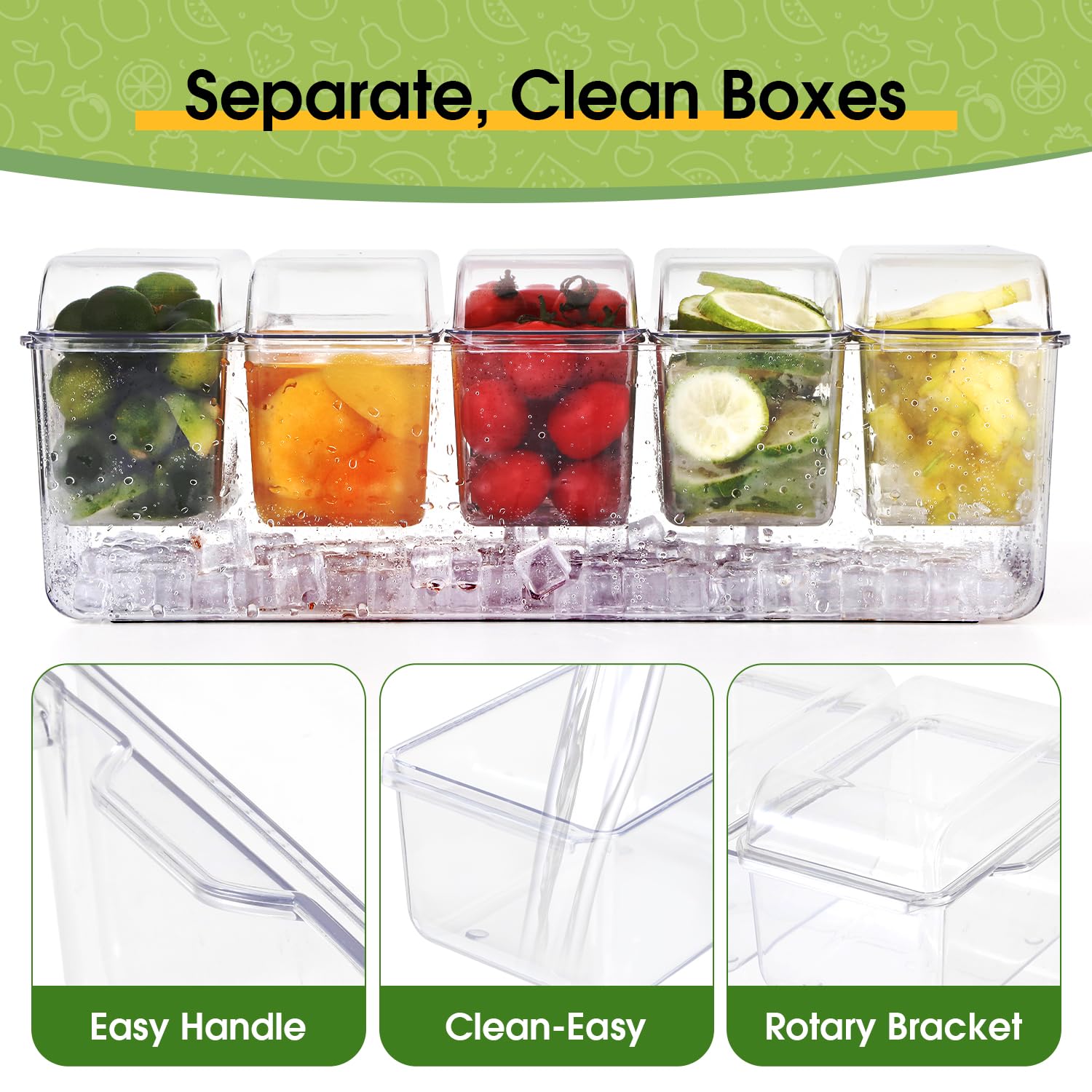 Paquete doble premium de condimentos refrigerados con hielo con 4 y 5 compartimentos, incluye 4 tenedores de acero inoxidable 304, bandeja para servir sin BPA para fiestas, barbacoas,