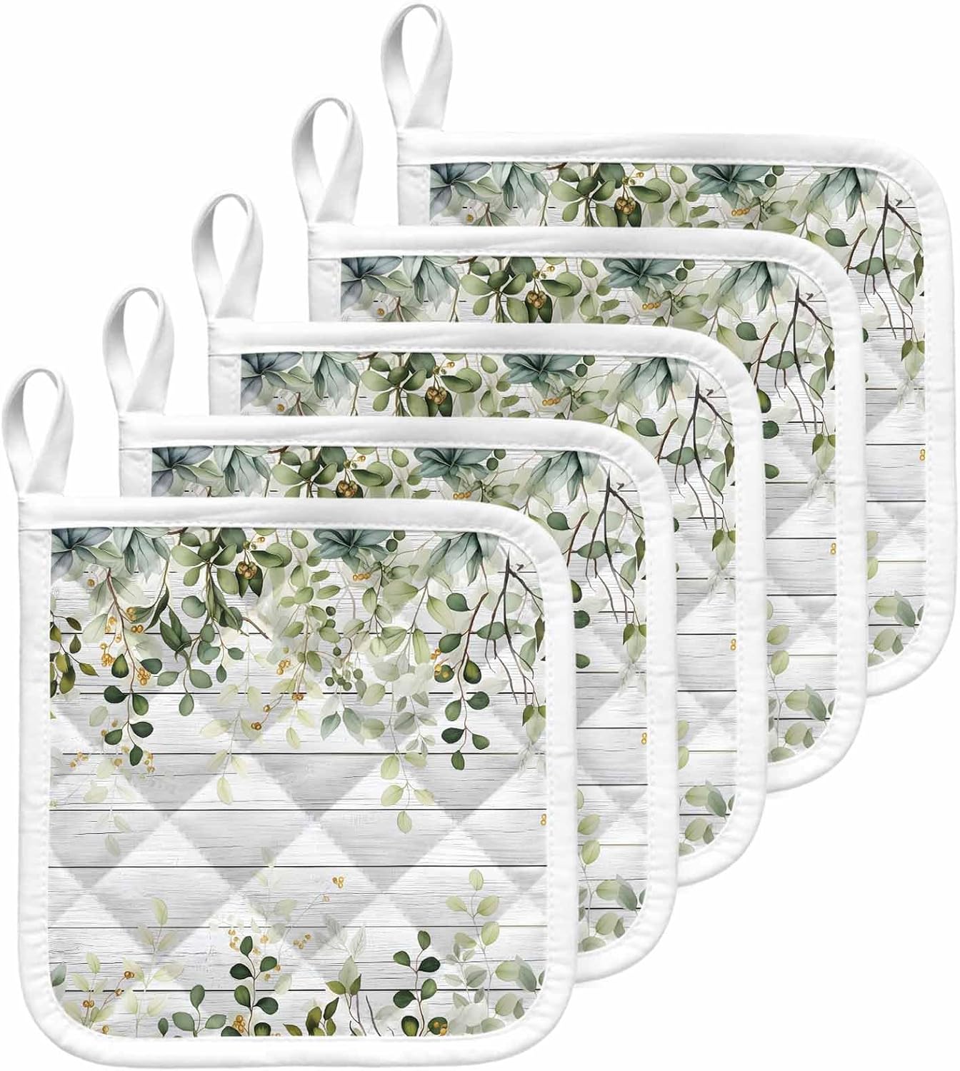 5 Pack Pot Holders for Kitchen, Green Hot Pads for Kitchen Countertops Oven Pot Holder Bulk, Eucalyptus Leaves Heat Insulation Potholders with Hanging Loops
