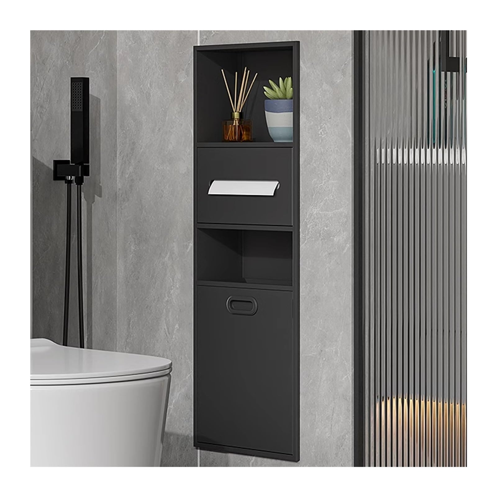 QUSYZD Black Stainless Steel Shower Niche - Waterproof Recessed Shelf for Wet Rooms, Bathroom Organizer for Toiletries, Shampoo, Toilet Paper, and Trash Can,Gray-11.81x33.85x5.51in/30x86x14CM