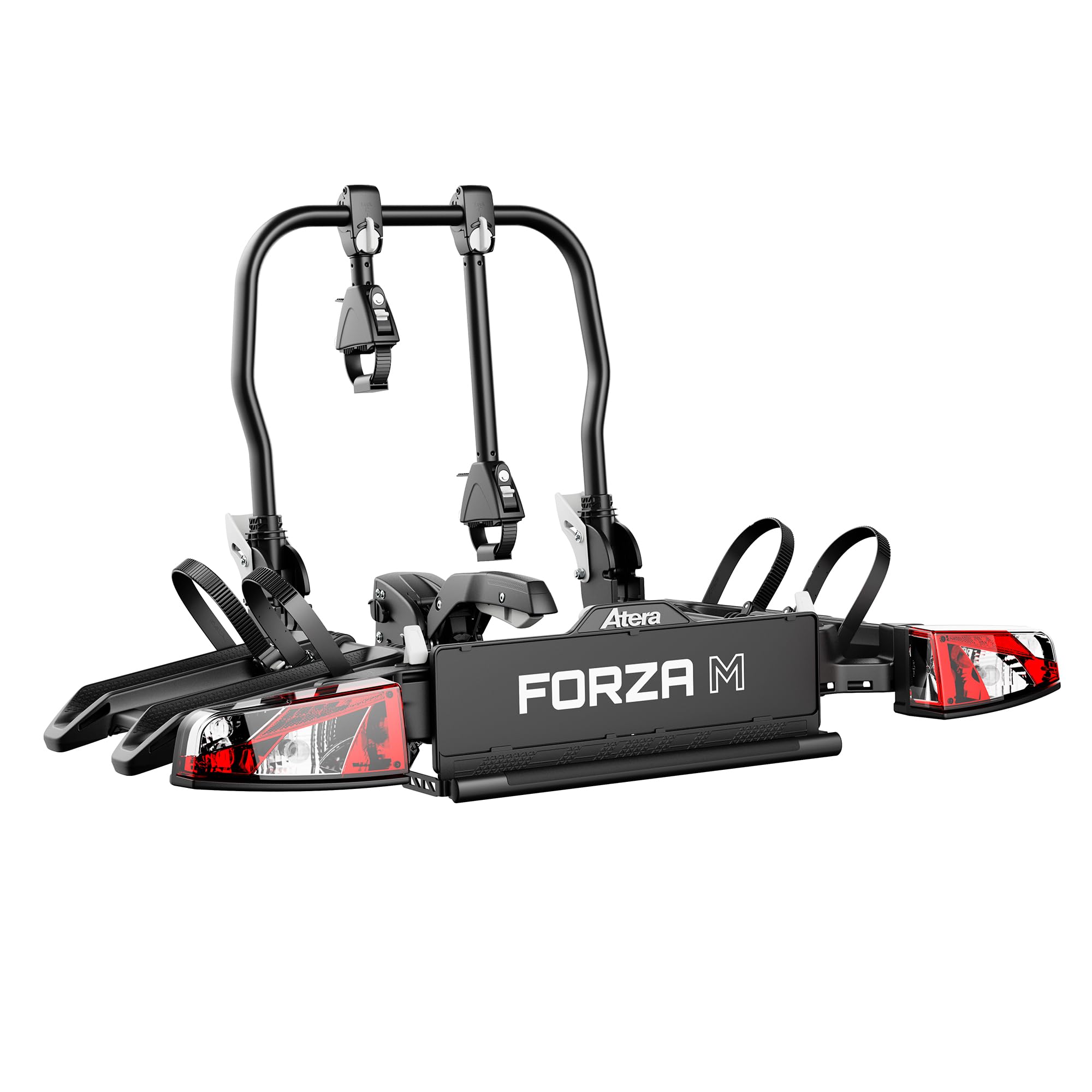 Atera 022800 Portabicicletas Forza M, Soporte de Embrague para Coche, Plegable, con Luces traseras, para 2 Bicicletas o Bicicletas eléctricas Pesadas, Color Negro