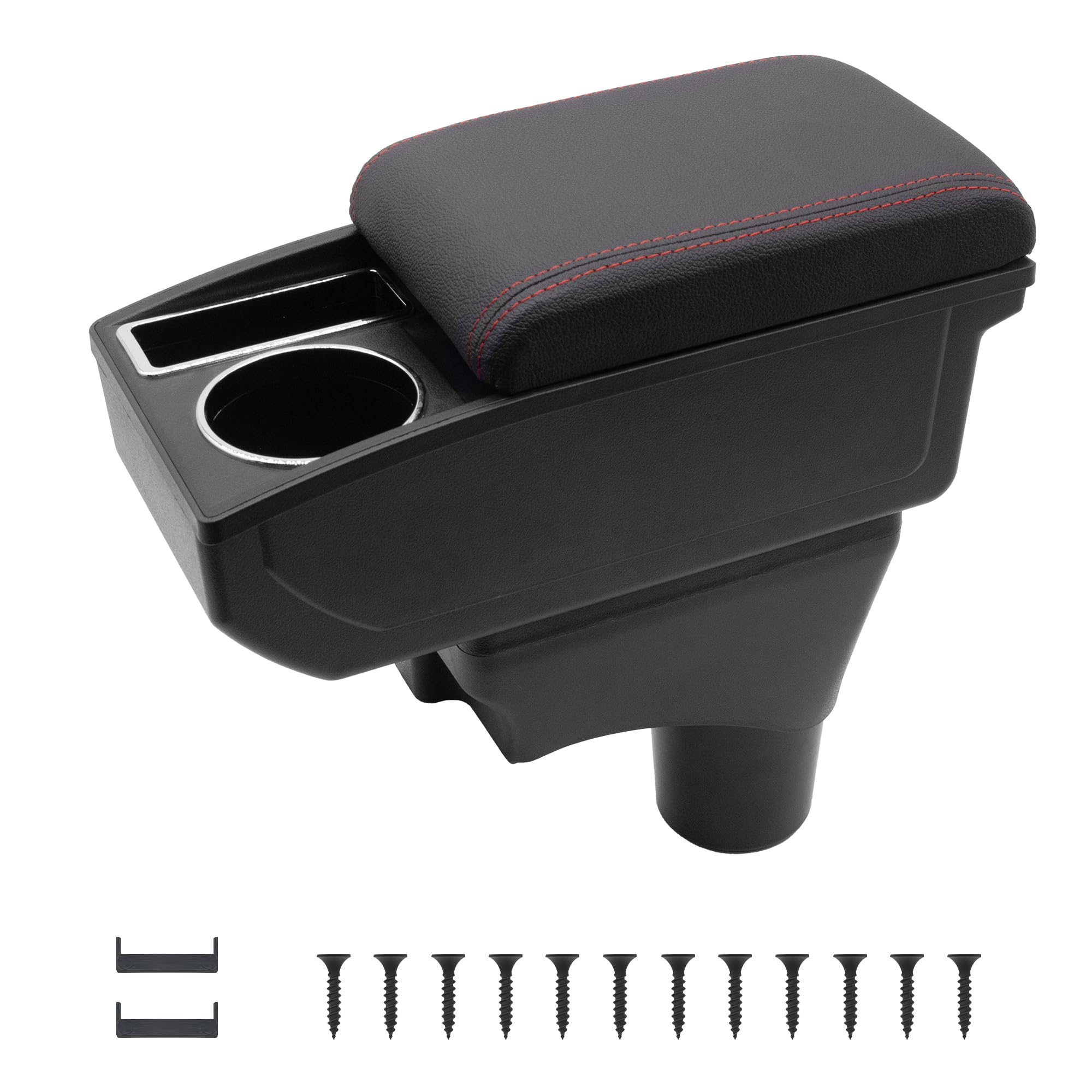 Bracciolo per Auto per Nissan Micra K13 2010-2022 Console Centrale Dell'auto Doppio Strato di Spazio con Portabicchieri Facile da Montare Pelle Confortevole e Resistente Nero (Linea Rossa) | Due ripiani, con portabicchieri, facile da montare, in pelle PU,