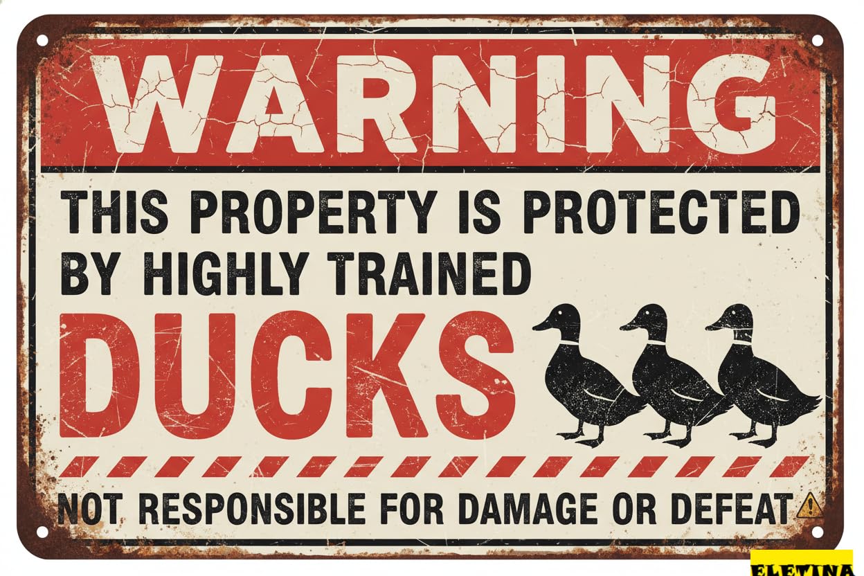 Vintage Metal Tin Sign for Man Cave Warning This Property Is Protected By A Highly Trained Duck Fences The Yard Neighbor 8x12in Private Decorative