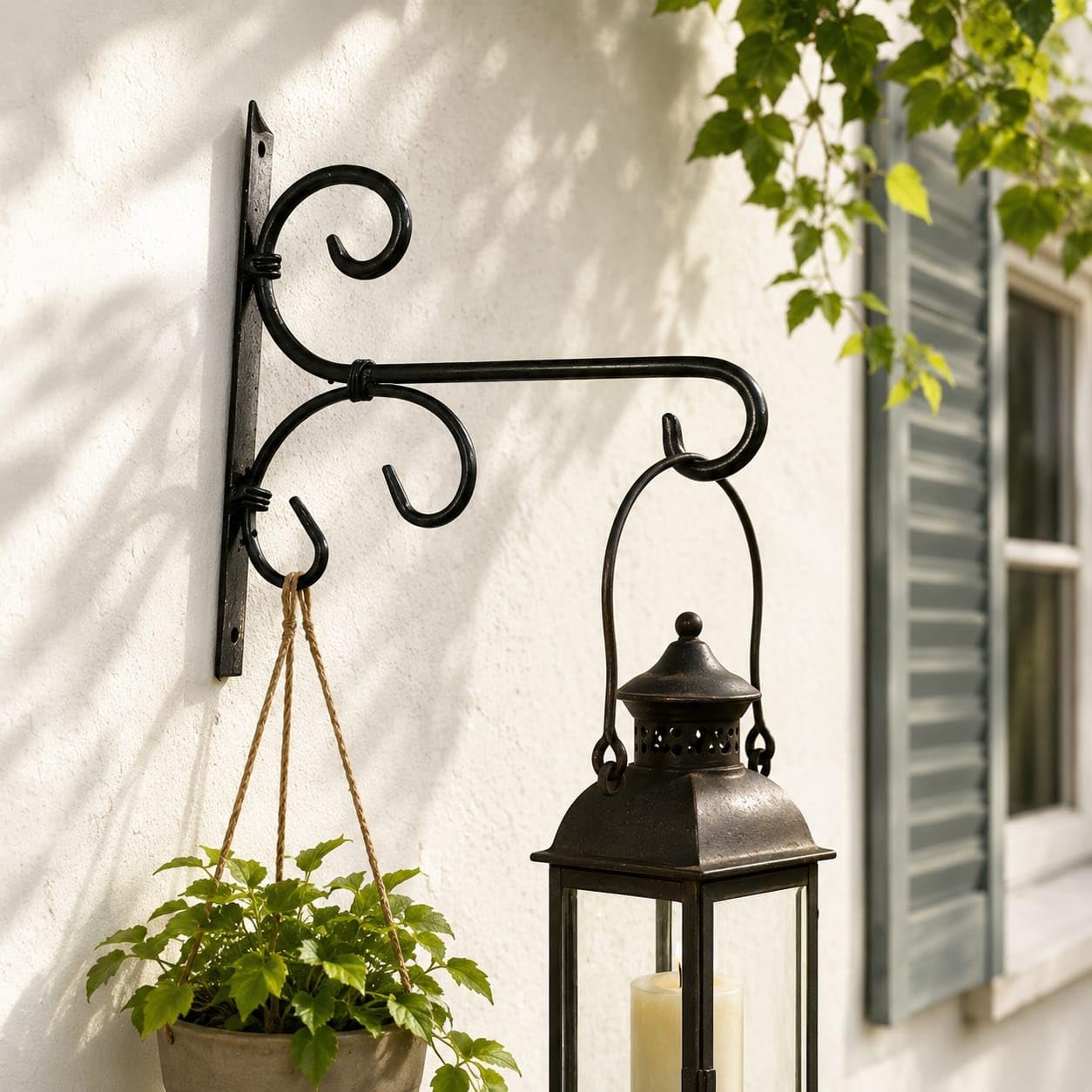 Decorative Iron Wall Bracket with Dual Hooks, Black Scrollwork | Hanging Planter Hook, Lantern & Clock Mount, Indoor & Outdoor Use, Scroll Design, Wall Mounted-picture-27