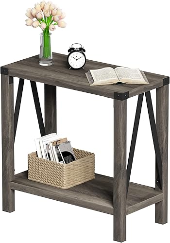 Miniatura 28 de ChooChoo Juego de 2 mesas auxiliares de granja, mesa auxiliar estrecha con estante de almacenamiento, mesita de noche rústica con diseño A para sala