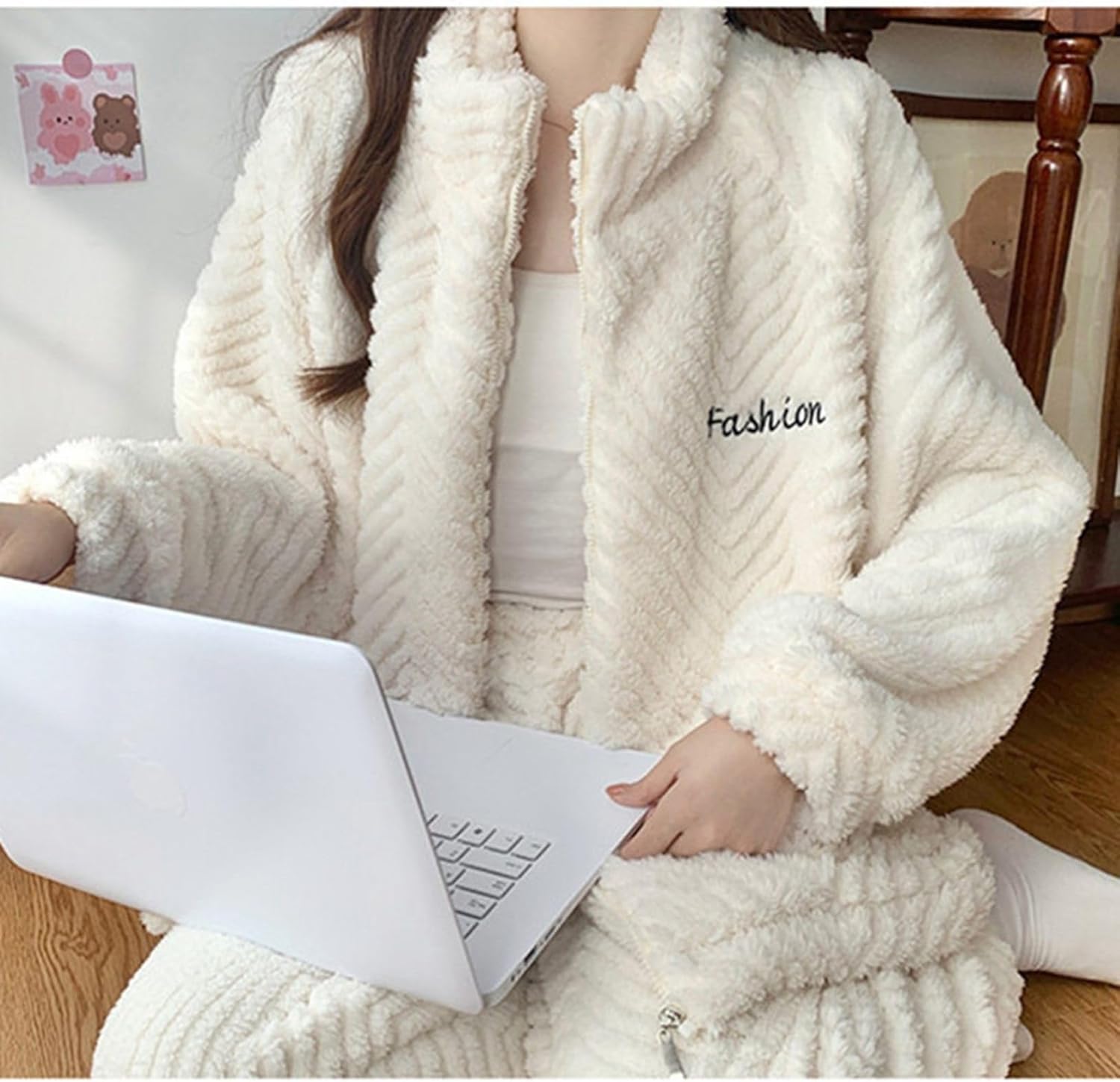 [ＢＡＧＡＤ] レディース 無地 パンダ柄 モコモコルームウェア 上下セット ジッパー パジャマ 刺繍 前開き 秋冬服 部屋着 寢巻