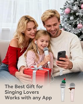 Singing Microphone with Earphone & Stand, Ideal for Vocal Recording, Podcasting, Live Streaming, Gaming, Compatible with Smule & Starmaker & Stingray, USB-C Dongle & Lightning Adapter, White