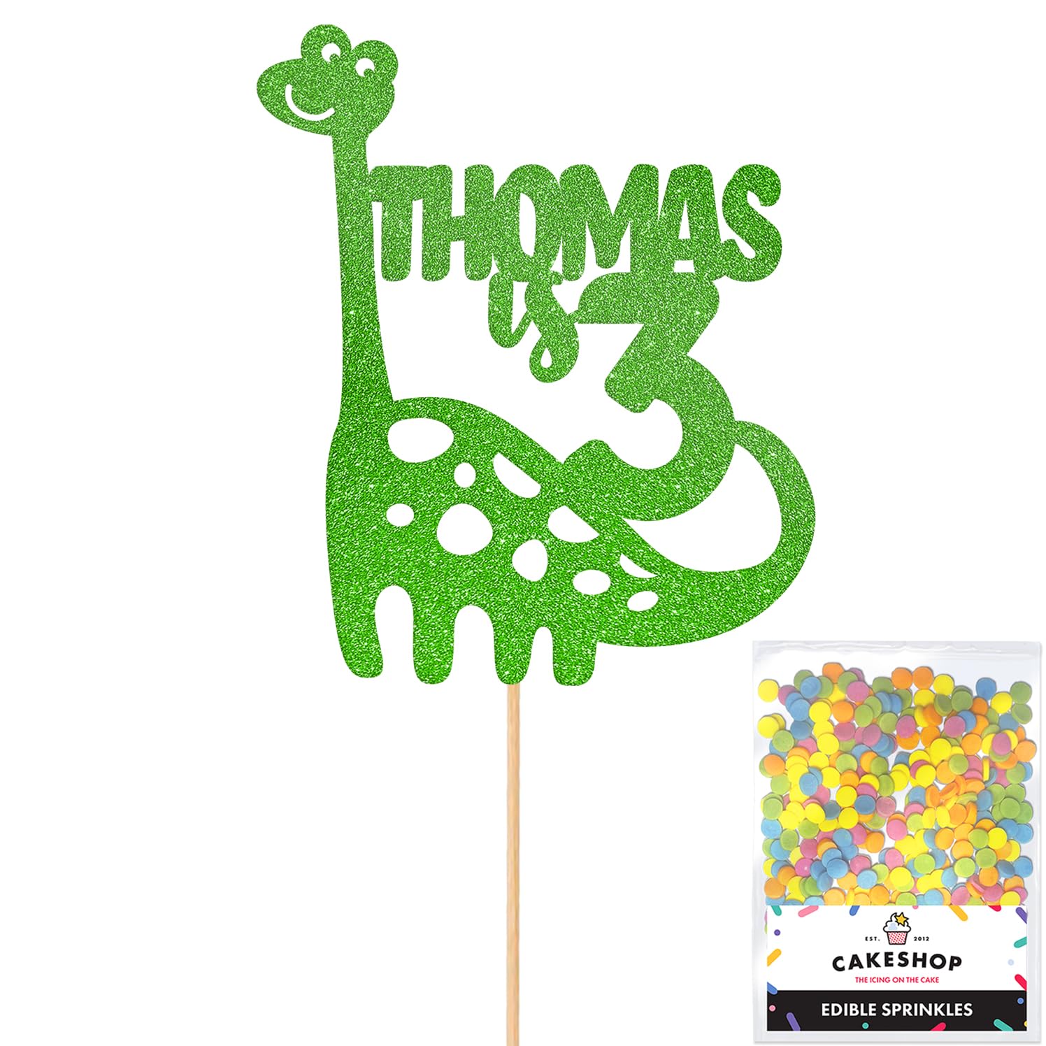 Personalised Birthday Dinosaur Glitter Cake Topper- Green Any Name & Age Glitter Cake Decoration and Sprinkles - Happy Birthday Decorations - Personalised Toppers for Cakes by Cakeshop