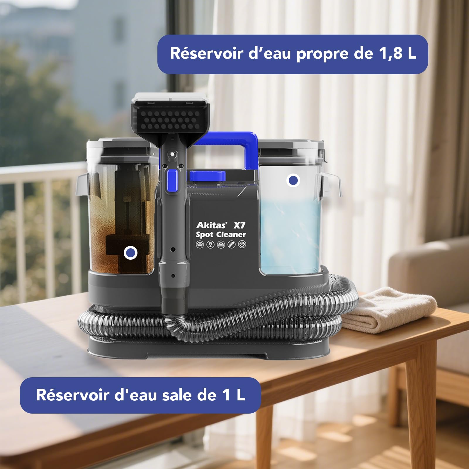Akitas X7 600W Shampouineuse Canapé avec Fonction Autonettoyante, Aspiration 14kPa, Poils d’Animaux, Nettoyeur Tapis, Matelas, Voiture, Réservoir Double