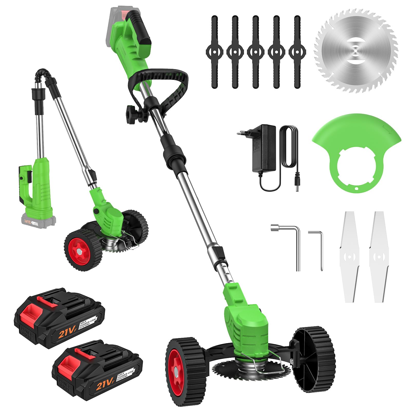 Desbrozadora Bateria 21V, Desbrozadora Electrica con 2 Baterías y 3 Cuchillas, Ruedas Desmontables, Altura Ajustable, Cortacésped de Batería Plegable para Recortar Césped y Arbustos