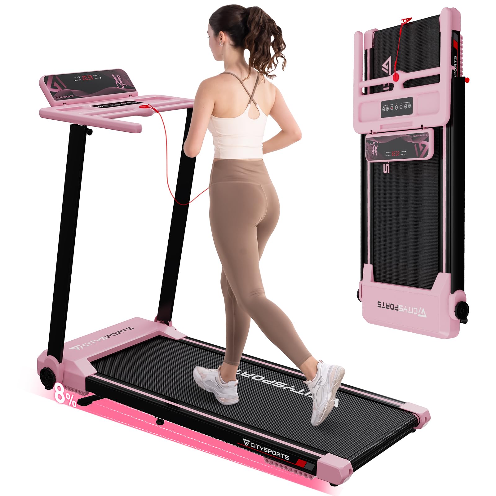 CITYSPORTS 8% Incline Folding Treadmill for Home, 2.0HP Under Desk Adjustable Speeds 1-12km/h, Walking Running Machine, Motorized Electric, LED Display & Fitness App (Pink)