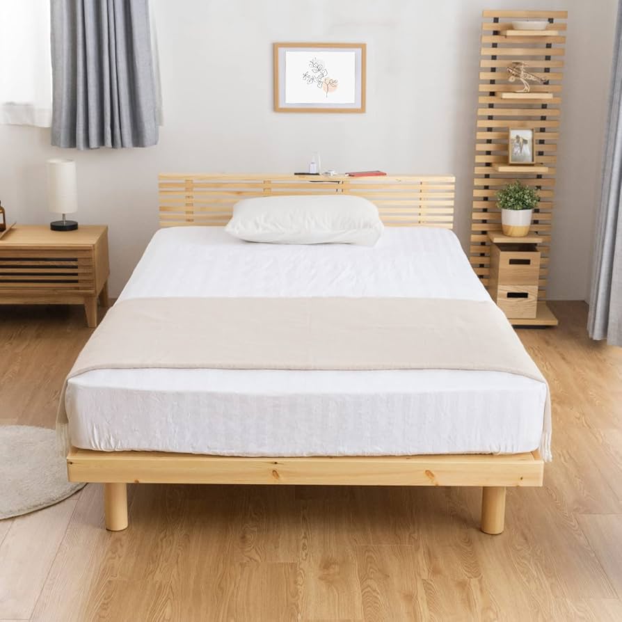 木製 シングルすのこベッド 2口コンセント付き　木製ナチュラル シングルミドルベッド すのこベッド シングル ベッドフレーム