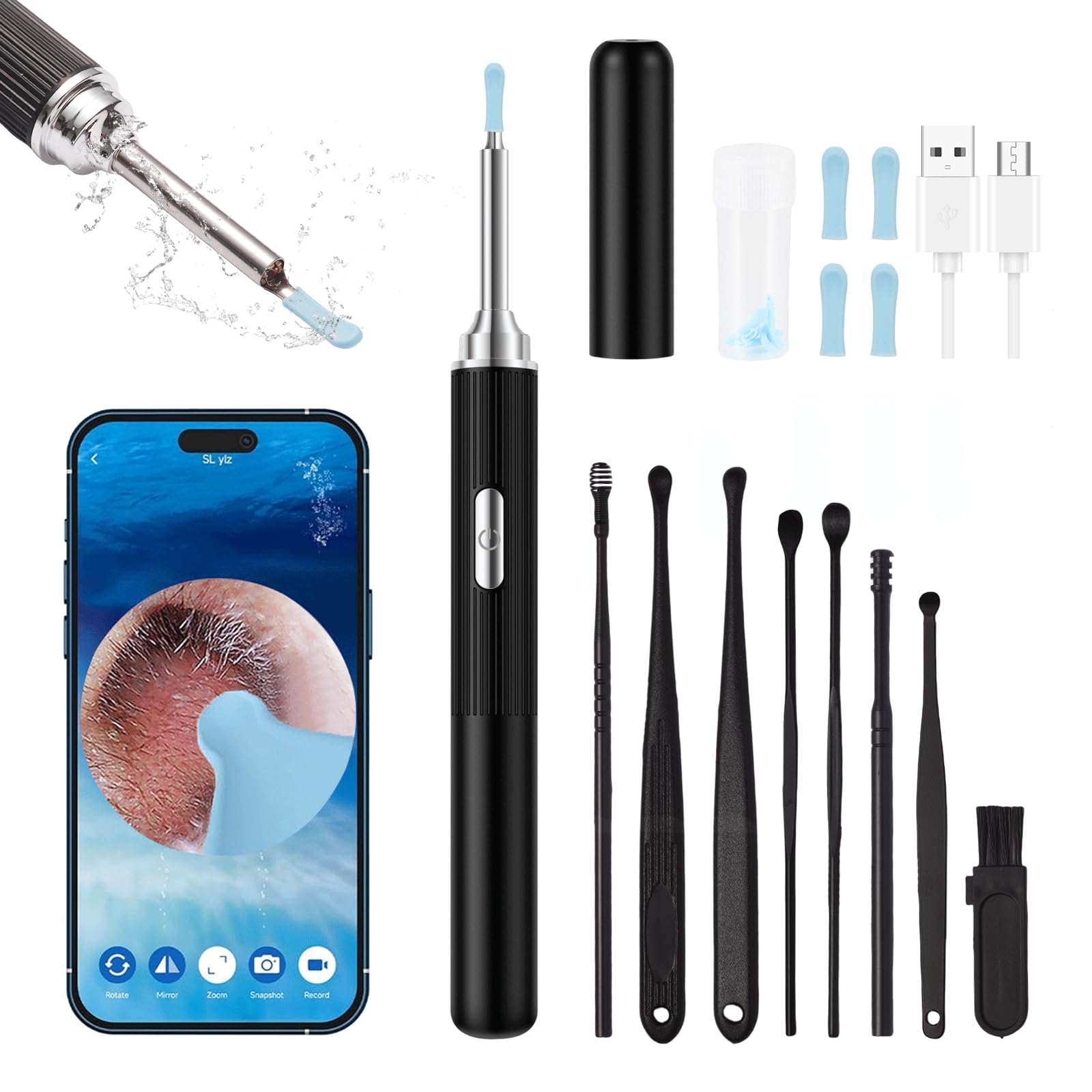 Ear Wax Removal, Earwax Remover Tool with 8 Pcs Ear Set, Ear Cleaner with Camera, Earwax Removal Kit with Light, Ear Camera with 4 Ear Spoon, Ear Cleanning Kit for iOS & Android (Black)