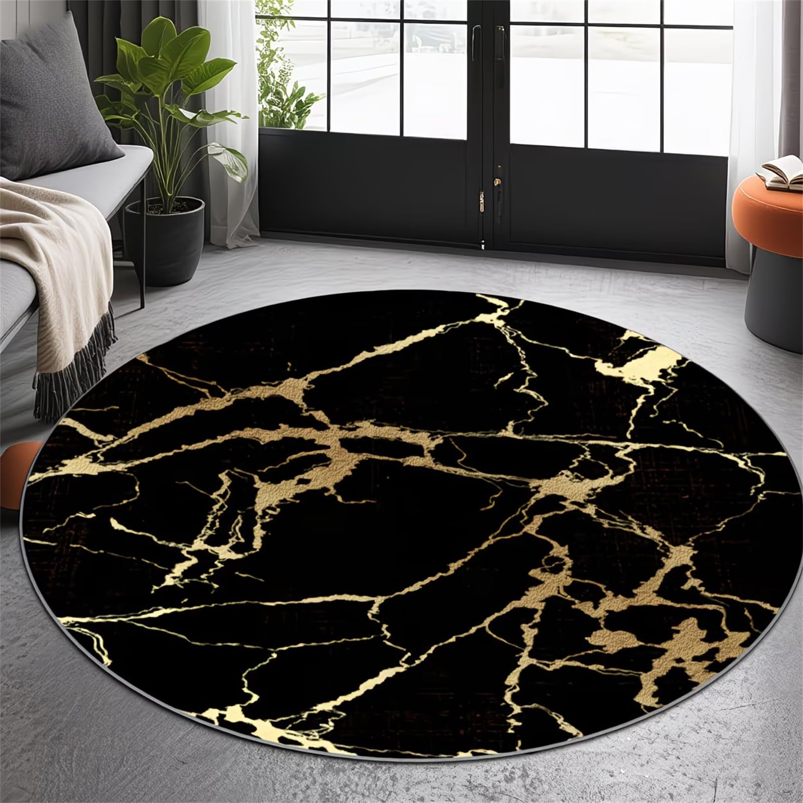 USHIRUG Modern Exquisite Marble Round Rug, 4ft Black and Gold Non-Slip Washable Rugs, Soft Flannel Low-Pile Rugs, Luxurious Stylish Artistic Abstract Carpet for Entrance Hall, Living Room, Dormitory
