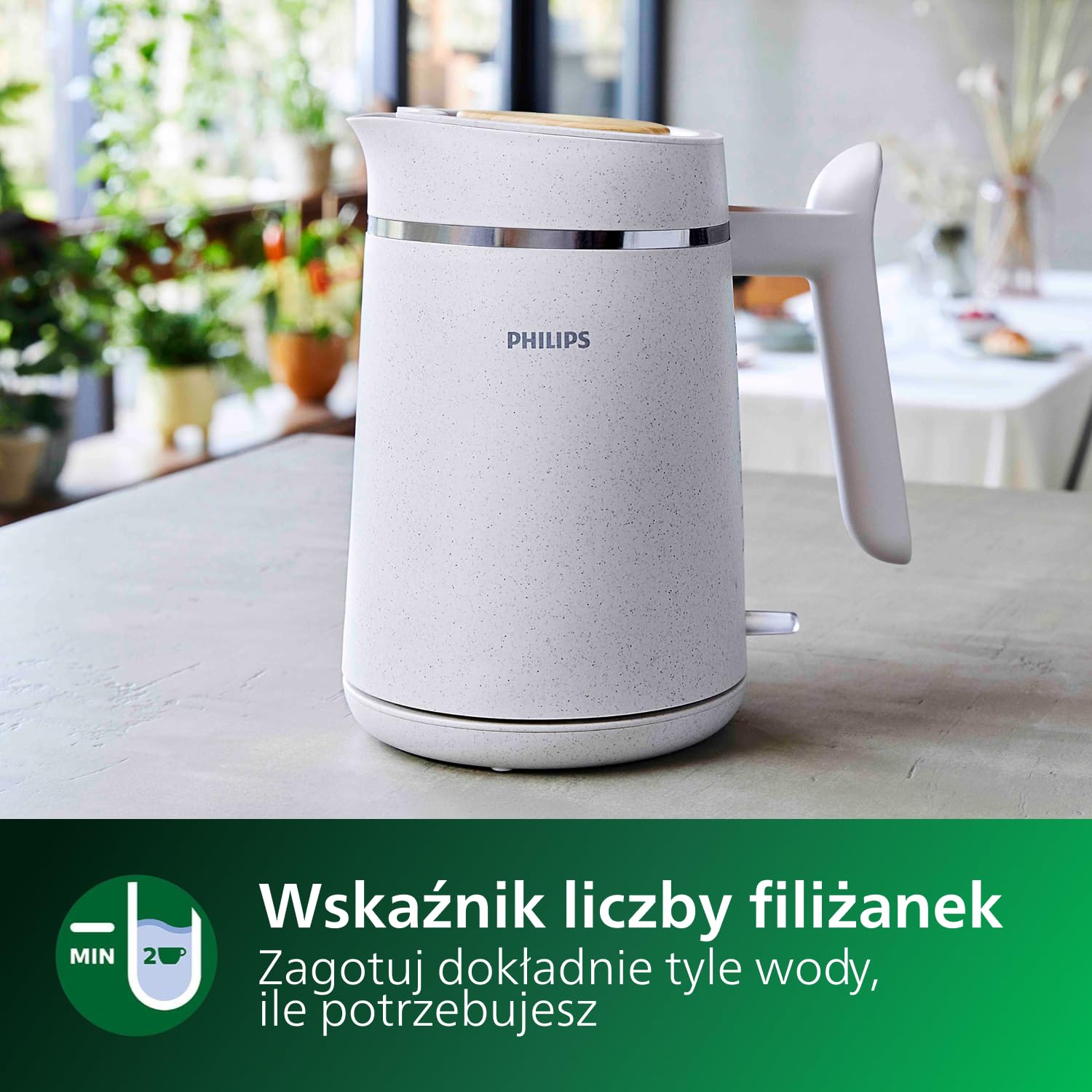Philips Czajnik elektryczny z serii Eco Conscious, Duża pojemność - 1,7 L, Wykonany w 100% z bioplastiku², Element grzejny ze stali szlachetnej, Kolor Biały z matowym wykończeniem (HD9365/10)