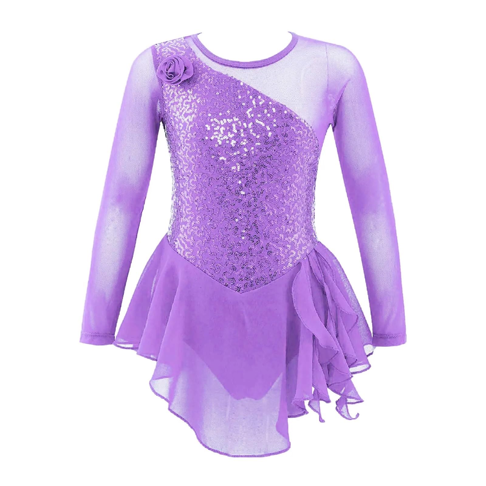 Maillot patinaje artistico Vestido de leotardo gimnástico con lentejuelas for niñas, traje de baile for niños, vestido de patinaje sobre hielo de manga larga de malla, Ropa de baile for actuaciones(Li